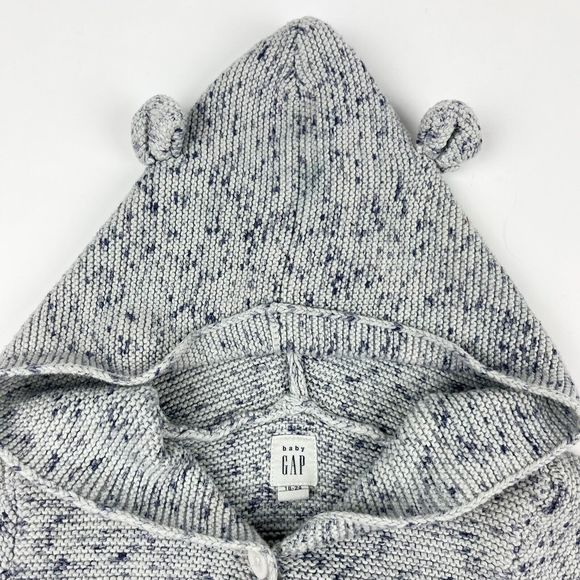 Baby Gap Knit Blue Gray Hooded Heart Pockets Knit Cardigan Sweater Size 18-24 M - Picture 3 of 14